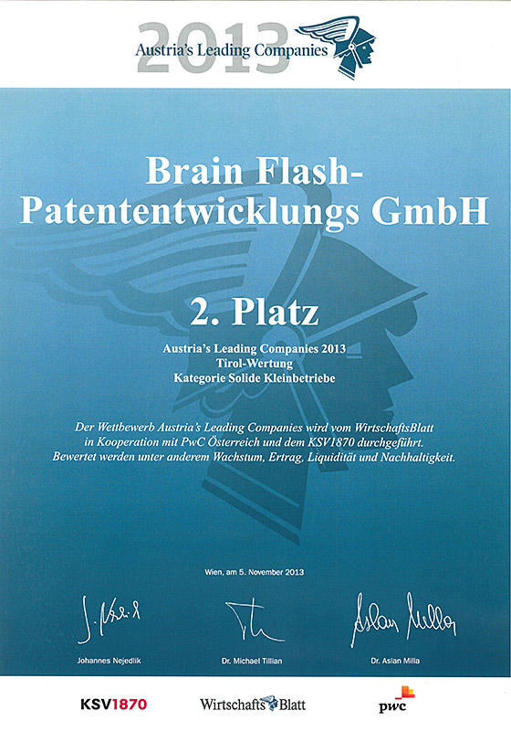 Urkunde Brainflash Austrias Leading Companies 2013